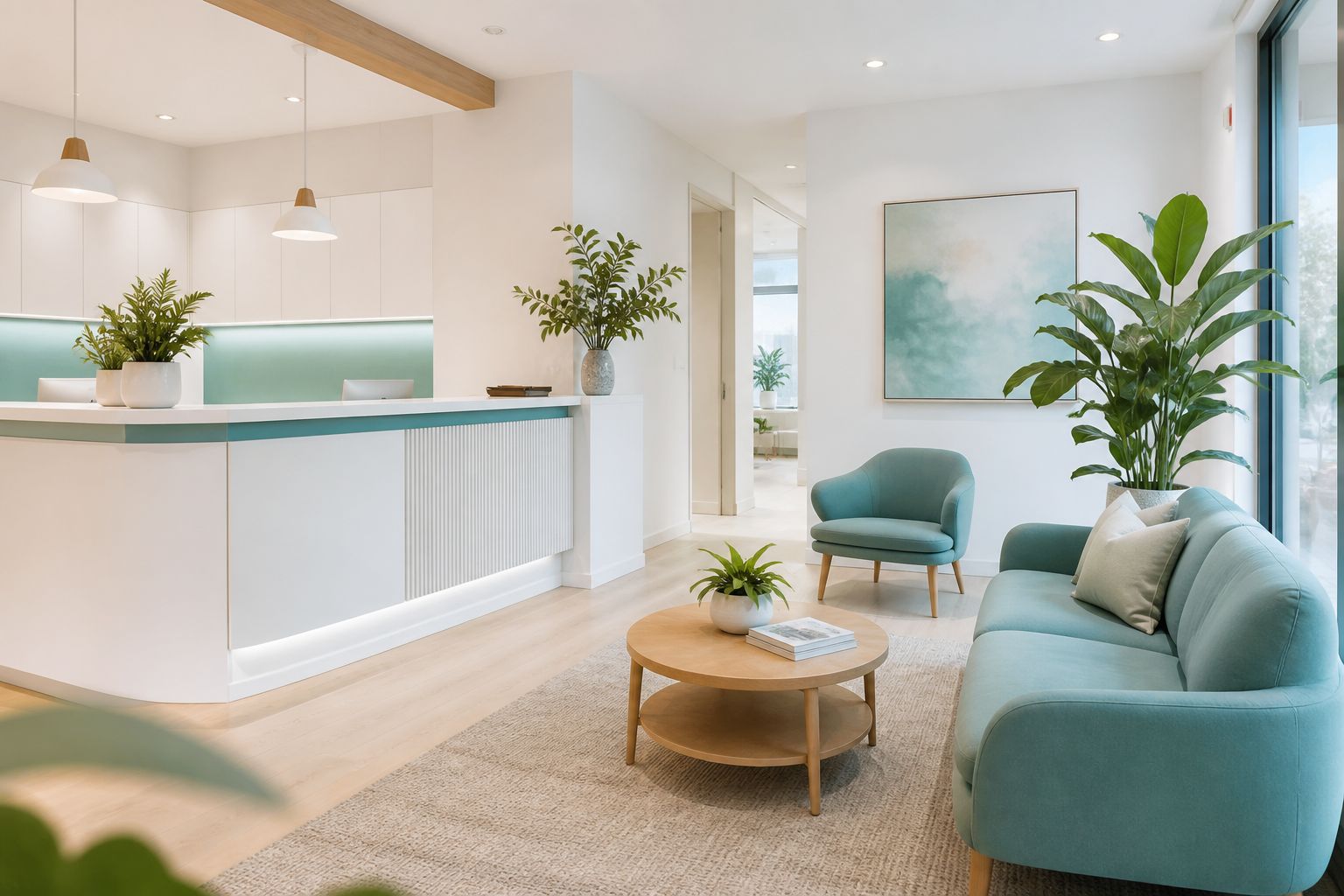 The calm, plant-filled reception and waiting lounge at Meridian Dental