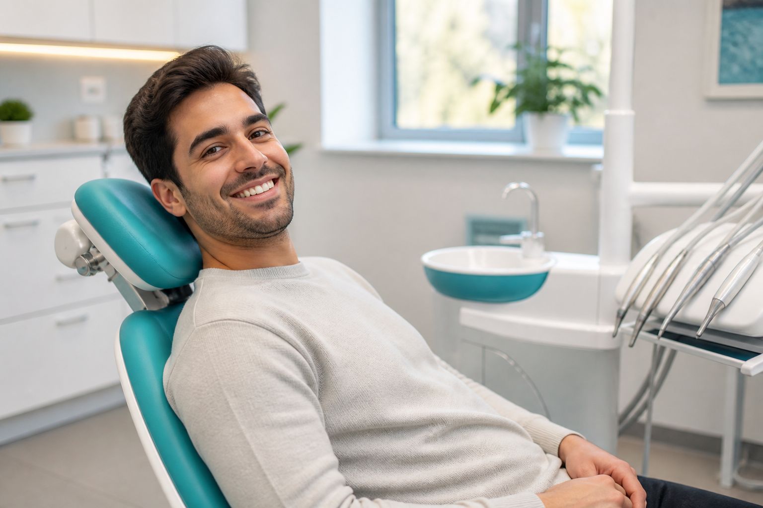 A relaxed patient smiling in the chair during a visit at Meridian Dental